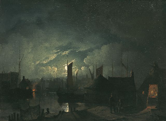 Hendrik Gerrit ten Cate | Havengezicht bij maanlicht, olieverf op doek, 29,9 x 40,7 cm, gesigneerd l.o.