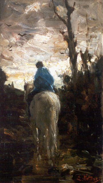 Pieters E.  | Trekpaard met ruiter op weg naar huis, olieverf op paneel 32,1 x 19,4 cm, gesigneerd r.o.