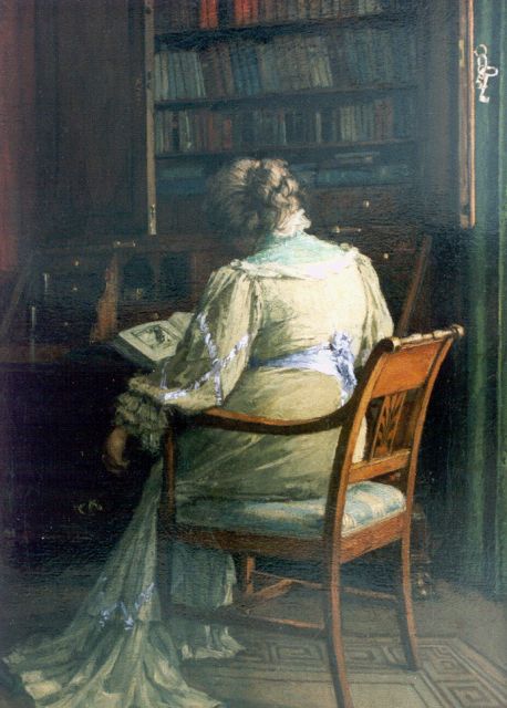 Jan Bogaerts | Lezende vrouw in bibliotheek, olieverf op doek, 45,4 x 32,6 cm, gesigneerd r.o. en gedateerd 1907