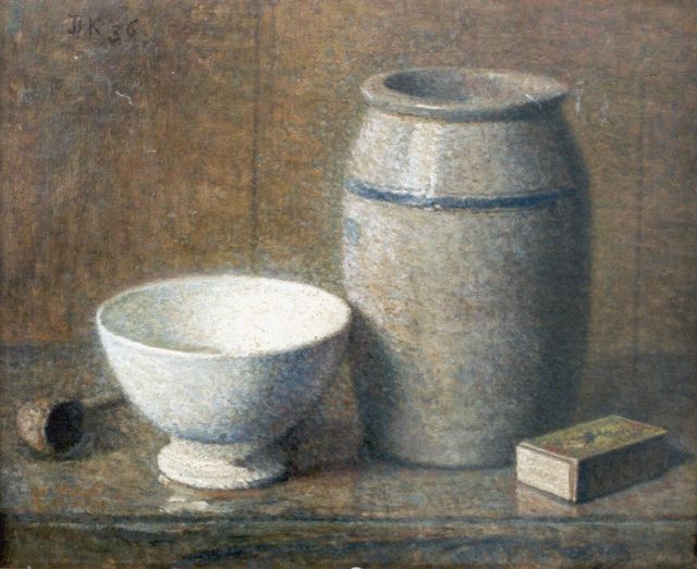 Douwe Komter | Stilleven met Keulse pot en kom, olieverf op schildersboard, 27,0 x 32,4 cm, gesigneerd l.b. ini en gedateerd '36