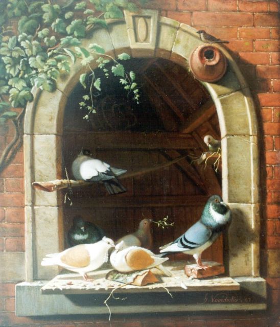Henri Voordecker | Duiven op een vensterbank, olieverf op paneel, 29,3 x 24,8 cm, gesigneerd r.o. en gedateerd '47