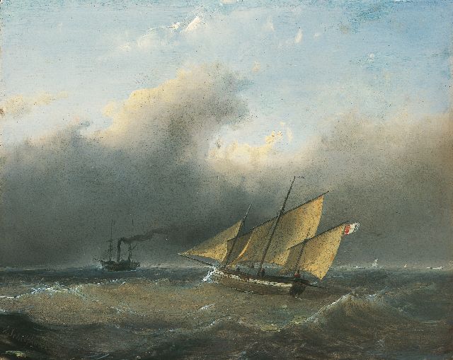 Andreas Schelfhout | Schepen op onstuimige zee, olieverf op paneel, 21,2 x 26,6 cm, gesigneerd l.o.