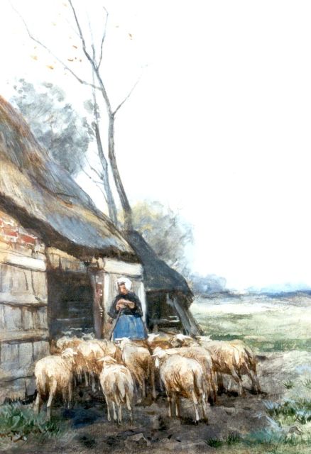 Willem George Frederik Jansen | Herderin met haar kudde, aquarel op papier, 33,5 x 24,0 cm, gesigneerd l.o.