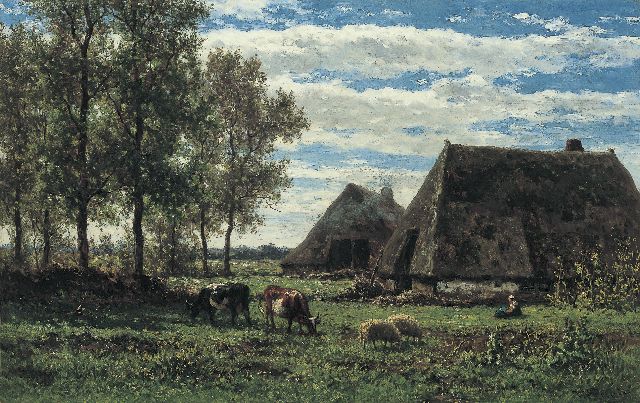 Willem Roelofs | Boerenhoeven in een zomers landschap, Drenthe, olieverf op doek, 45,4 x 71,2 cm, gesigneerd r.o.