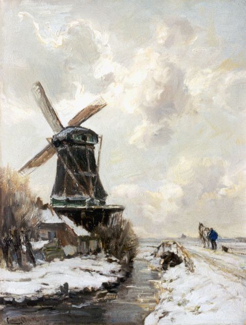 Louis Apol | Molen in besneeuwd polderlandschap, olieverf op doek, 42,4 x 32,6 cm, gesigneerd l.o.
