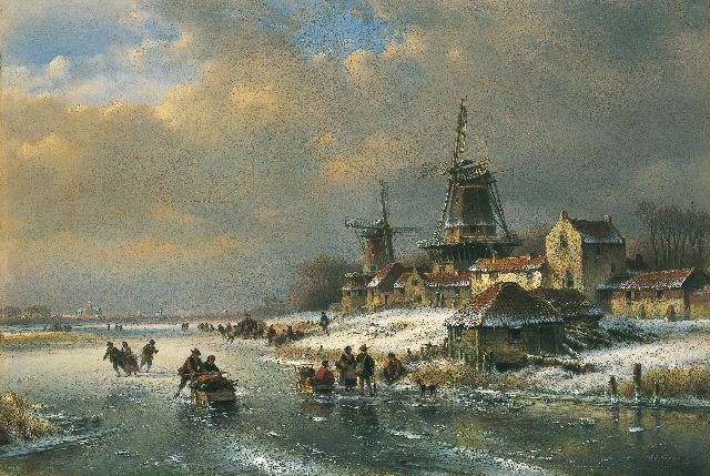 Lodewijk Johannes Kleijn | Wintergezicht met schaatsers onderlangs molens, olieverf op paneel, 49,2 x 73,0 cm, gesigneerd r.o.