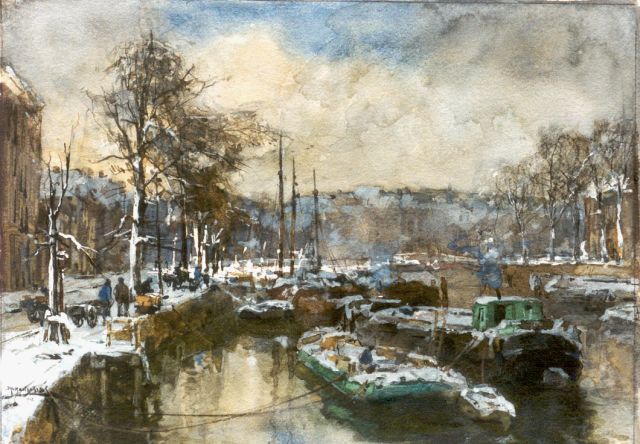 Johan Hendrik van Mastenbroek | Havengezicht te Rotterdam in de winter, zwart krijt en aquarel op schildersboard, 24,5 x 33,3 cm, gesigneerd l.o. en gedateerd 1902