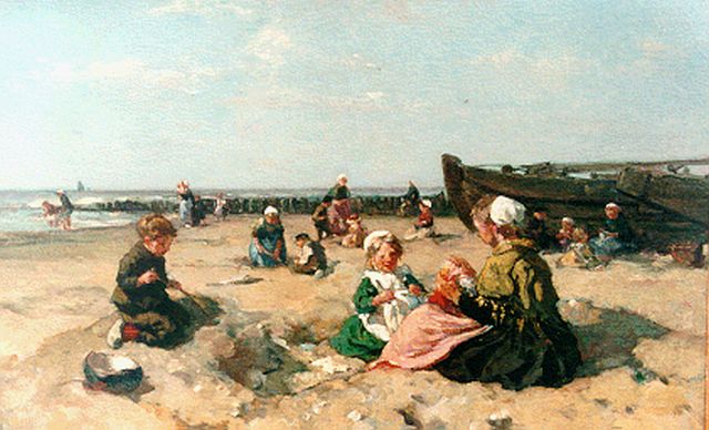 Johannes Evert Akkeringa | Kinderen spelen op het strand, olieverf op doek, 53,0 x 80,0 cm, gesigneerd l.o.