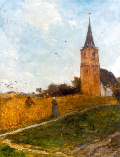 Gabriel P.J.C.  | In het korenveld bij het kerkje van Elspeet, olieverf op doek 49,2 x 38,4 cm, gesigneerd l.o.