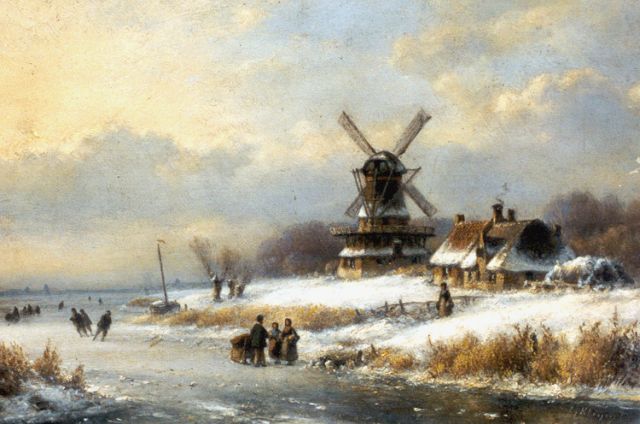 Lodewijk Johannes Kleijn | Schaatsers op een bevroren rivierarm, olieverf op paneel, 22,5 x 33,2 cm, gesigneerd r.o.