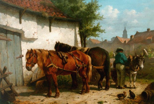 Wouter Verschuur jr. | Boer met twee paarden en ezel voor de herberg, olieverf op paneel, 45,0 x 64,0 cm, gesigneerd r.o. en gedateerd '67