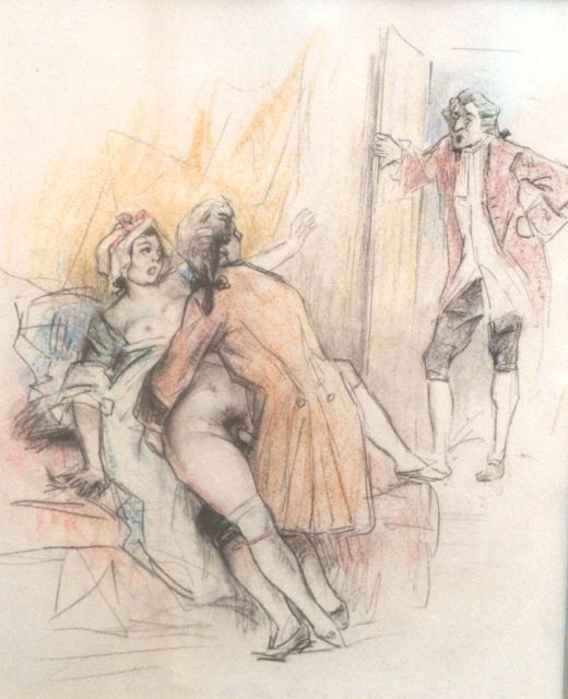 Tom Poulton | Vous auriez pu fermer la porte. Si on était rentré! / U had de deur kunnen sluiten. Stel je voor dat hij was teruggekomen!, kleurpotlood op papier, 21,5 x 18,0 cm