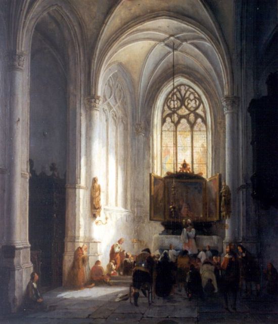 Bernardus van de Laar | Kerkinterieur met biddende figuren, olieverf op paneel, 49,5 x 42,4 cm, gesigneerd r.o. en gedateerd 1836