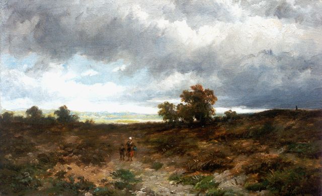 Anthonie Jacobus van Wijngaerdt | Weids Hollands landschap met figuren, olieverf op paneel, 15,8 x 25,6 cm, gesigneerd r.o.