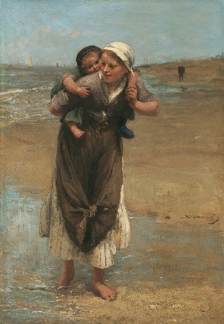 Bernard Blommers | Op zusjes rug langs het strand, olieverf op doek, 65,2 x 45,3 cm, gesigneerd r.m.