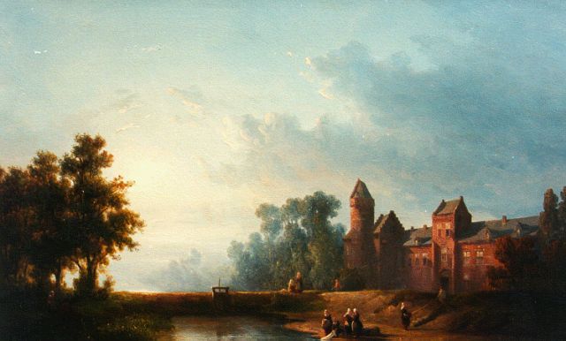 Salomon Verveer | Wasvrouwen aan een riviertje bij een kasteel, olieverf op paneel, 43,5 x 60,8 cm, gesigneerd r.o. en gedateerd '49