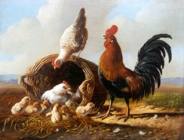 Albertus Verhoesen | Haan met kippen en kuikens bij een wilgentenen mand, olieverf op paneel, 13,5 x 17,1 cm, gesigneerd m.o. en gedateerd 1872