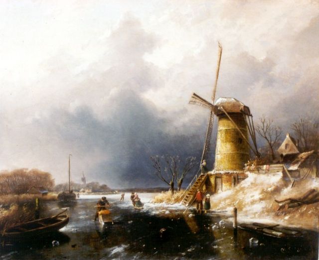 Charles Leickert | Schaatsers op een bevroren rivier bij een molen, olieverf op paneel, 37,1 x 44,9 cm, gesigneerd r.o.