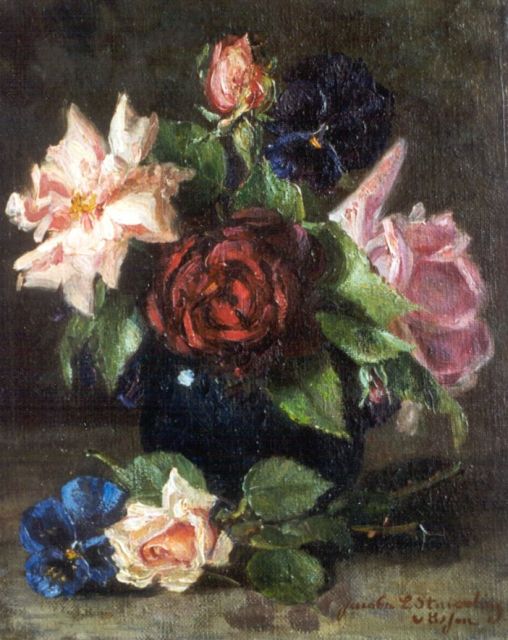 Stuiveling-van Essen L.J.  | Stilleven met rozen, olieverf op doek 25,2 x 20,2 cm, gesigneerd r.o.