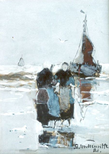 Morgenstjerne Munthe | Vissersvrouwen aan het strand, aquarel op papier, 13,0 x 10,0 cm, gesigneerd r.o. en gedateerd '21