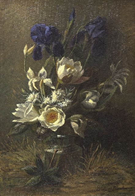 Borselen H.M. van | Stilleven met waterlelies en irissen, olieverf op doek 50,3 x 34,9 cm, gesigneerd r.o. en gedateerd '96