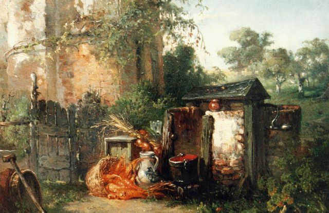 Maria Vos | Bij de waterput, olieverf op paneel, 24,6 x 33,2 cm, gesigneerd l.o. en gedateerd 1857