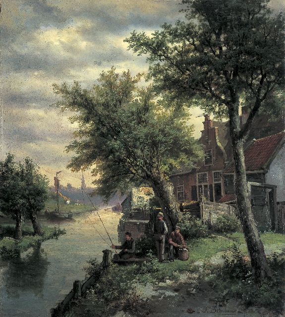 Schulman L.  | Hengelaars langs de Gooise Vaart, Hilversum, olieverf op doek 67,5 x 60,0 cm, gesigneerd r.o. en gedateerd 1880