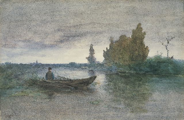 Paul Joseph Constantin Gabriel | Poldervaart met visser, aquarel op papier, 35,0 x 53,0 cm, gesigneerd l.o.