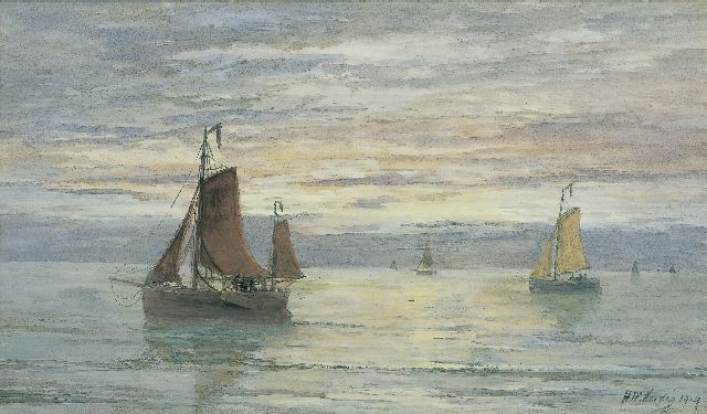 Hendrik Willem Mesdag | Zeegezicht met vissersschepen, aquarel op papier, 39,3 x 66,5 cm, gesigneerd r.o. en gedateerd 1904