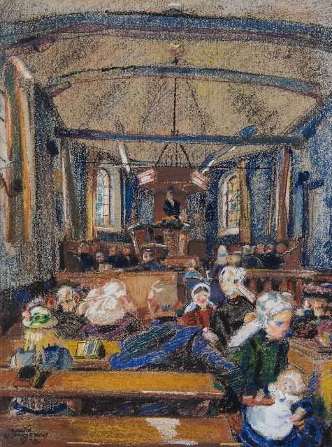 Martin Monnickendam | Kerkdienst op de Veluwe, in Kootwijk, gouache en pastel op papier, 58,3 x 43,0 cm, gesigneerd l.o. en gedateerd 1920