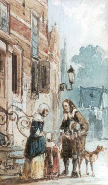 Cornelis Springer | In gesprek, aquarel op papier, 7,8 x 5,0 cm, gesigneerd l.o.met monogram en gedateerd 31/12-52