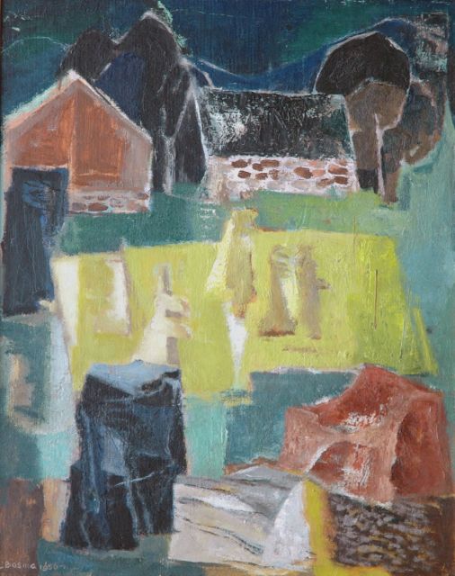 Wim Bosma | Stenen, korenschoven en een boerderij, olieverf op schildersboard, 50,0 x 40,0 cm, gesigneerd l.o. en gedateerd 1956