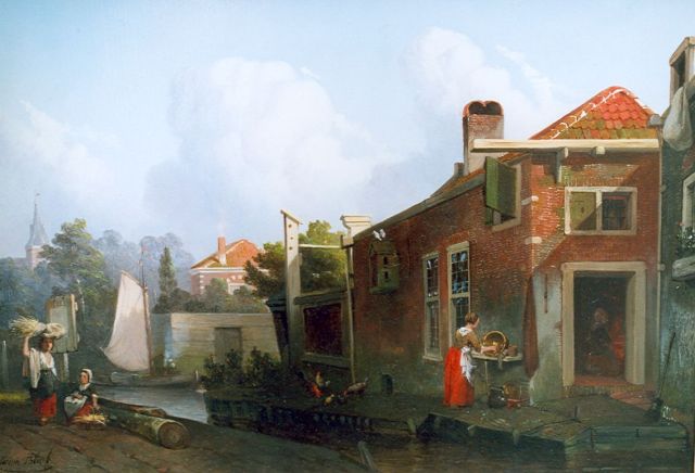 Joseph Bles | Hollands dorpsgezicht met bedrijvige keukenmeid en korendraagsters, olieverf op paneel, 27,0 x 38,5 cm, gesigneerd l.o.
