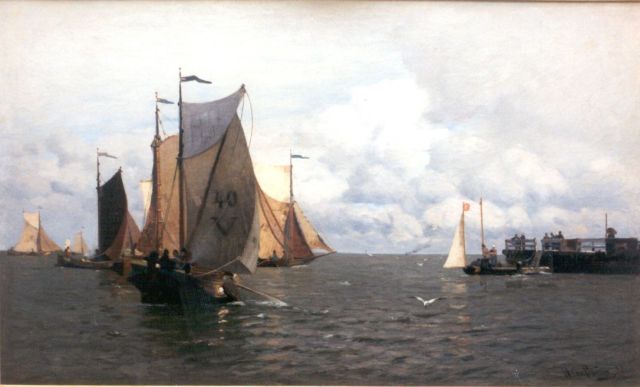 Heinrich Wilhelm Petersen-Angeln | Zeilschepen voor de haven van Vlissingen, olieverf op doek, 79,9 x 132,8 cm, gesigneerd r.o.