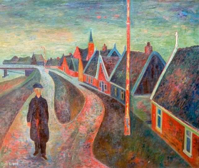 Dirk Breed | Wandelaar op de dijk, olieverf op doek, 55,0 x 65,3 cm, gesigneerd l.o. en verso op spieraam