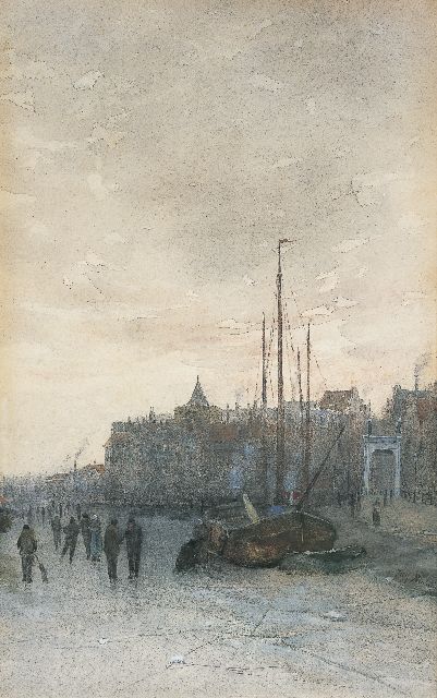 Jozef Neuhuys | Schaatsers op de IJssel bij Kampen, aquarel op papier, 45,1 x 28,6 cm, gesigneerd r.o.