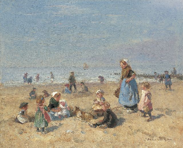 Johannes Evert Akkeringa | Spelende kinderen op het strand, olieverf op doek, 29,2 x 36,1 cm, gesigneerd r.o.