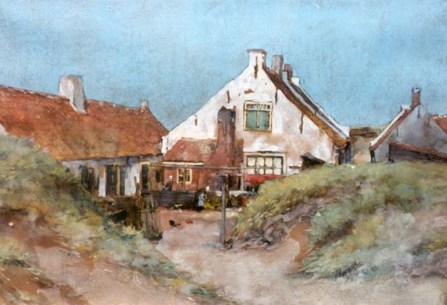Jan Hillebrand Wijsmuller | Witte huisjes in de duinen, Katwijk aan Zee, zwart krijt en aquarel op papier, 39,7 x 55,3 cm, gesigneerd r.o.