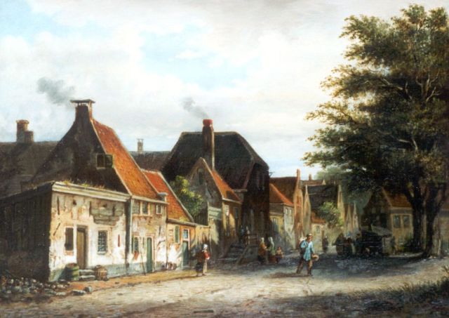 Johannes Jacobus Mittertreiner | Drukbevolkt Oudhollands straatje, olieverf op paneel, 28,6 x 40,0 cm