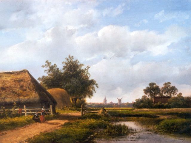 Dona J.  | Landschap met boerenerf en dorpje aan de einder, olieverf op paneel 24,4 x 32,6 cm, gesigneerd r.o.