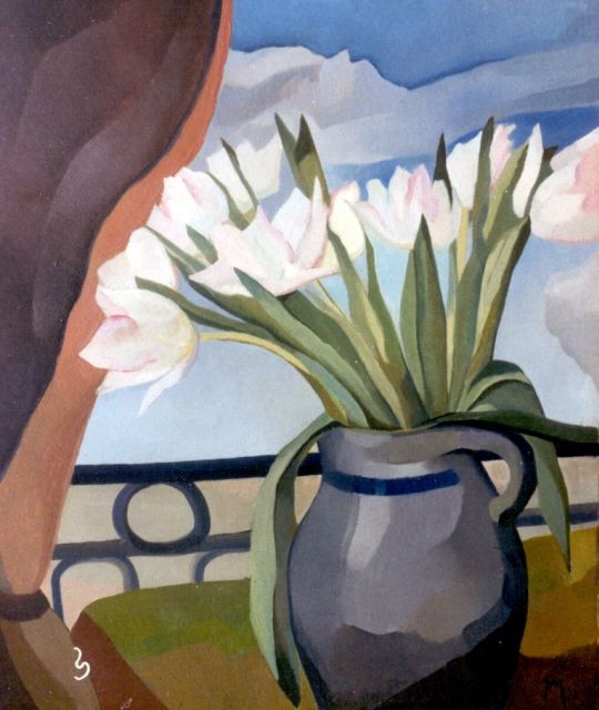 Mastenbroek J. van | Tulpen in een kan, olieverf op schildersboard 58,6 x 49,2 cm, gesigneerd r.o. mon. en gedateerd '32