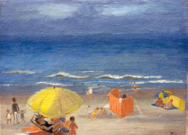 Borst Pauwels A.T.A.E  | Zonnige stranddag, olieverf op doek op paneel 20,8 x 27,7 cm, gesigneerd r.o. mon en gedateerd '74