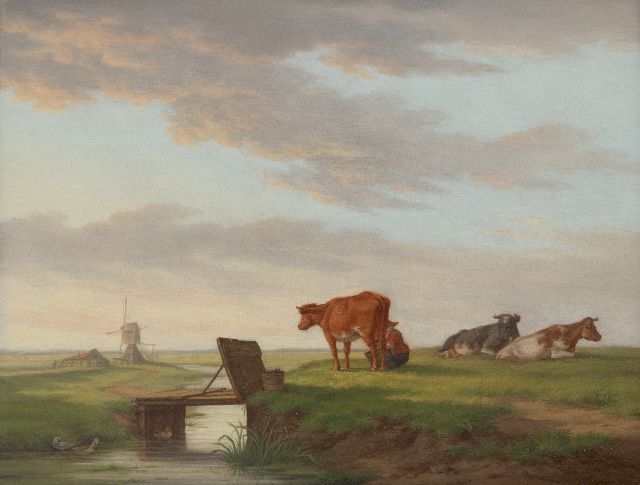 Hendrik Adam van der Burgh | Koeien in een landschap met molen, olieverf op paneel, 20,4 x 26,3 cm, gesigneerd r.o. en gedateerd 1821
