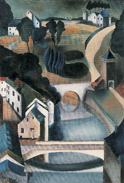 Theo Stiphout | Huizen aan een rivier, olieverf op doek, 47,4 x 32,3 cm, gesigneerd l.o. en gedateerd '33