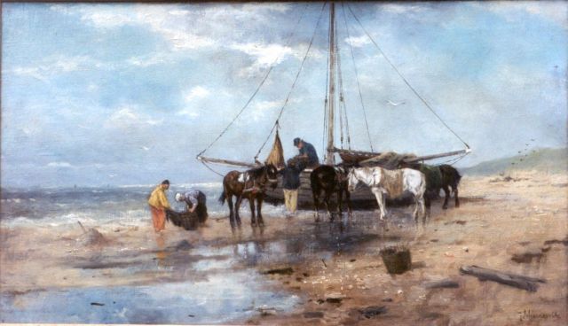 Johan Frederik Cornelis Scherrewitz | Het uitladen van de vangst, olieverf op doek, 46,8 x 67,5 cm, gesigneerd r.o.