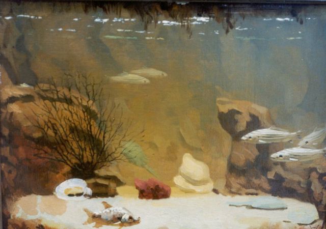 Gerrit Willem Dijsselhof | Aquarium, olieverf op doek op schildersboard, 26,3 x 34,7 cm, gesigneerd r.o. met monogram