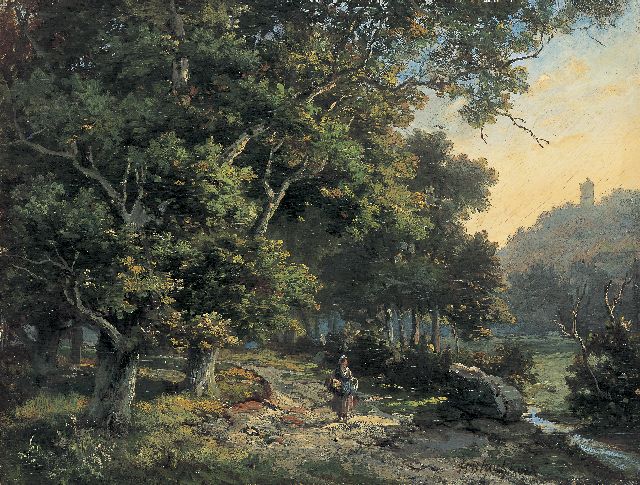 Hendrik Barend Koekkoek | Op een pad langs de bosrand, olieverf op paneel, 20,6 x 27,1 cm, gesigneerd r.o.