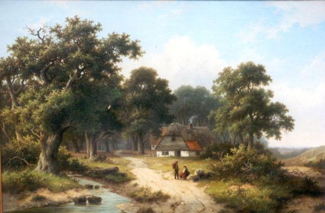 Hendrik Pieter Koekkoek | Landvolk rustend bij een beekje aan een bosrand, olieverf op doek, 66,8 x 99,4 cm, gesigneerd r.o.