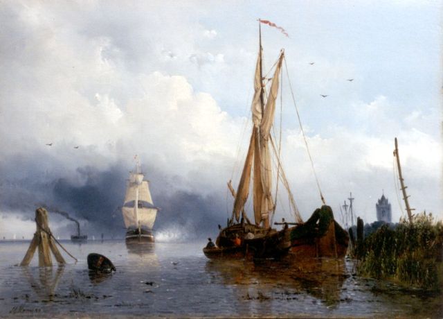 Josephus Gerardus Hans | Zeilschepen bij een havenmond met een stoomschip aan de horizon, olieverf op paneel, 34,2 x 47,4 cm, gesigneerd l.o. en gedateerd '50
