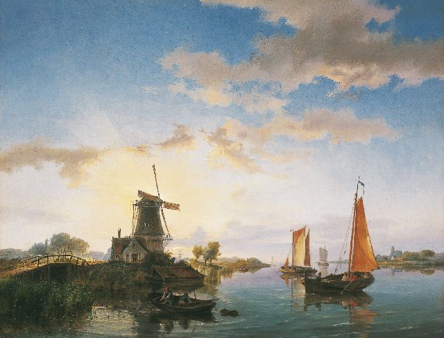 Hermanus Koekkoek | Rivierlandschap met schepen en molen bij zonsondergang, olieverf op doek, 40,5 x 52,3 cm, gesigneerd l.o. + verso op etik en gedateerd 1845